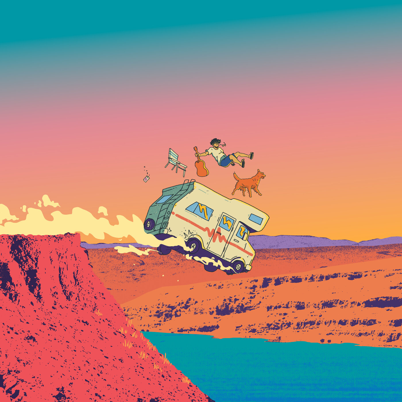 Lights Along the Road album artwork: an RV launches off a red canyon cliff at sunset while Matt, his golden retriever, a guitar, and a lawn chair float above it