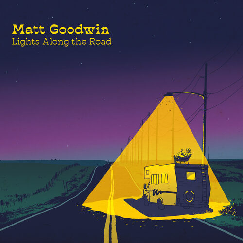Lights Along the Road single artwork: the RV parked under a streetlight beam on a night road, Matt in a lawn chair on the roof