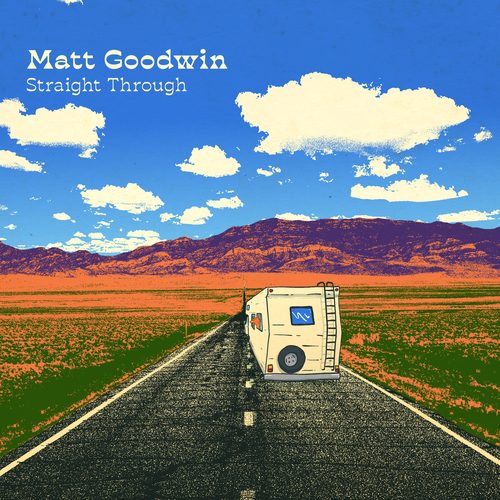 Straight Through single artwork: the RV heading away down a straight two-lane desert highway toward orange and purple mountains under a big blue sky